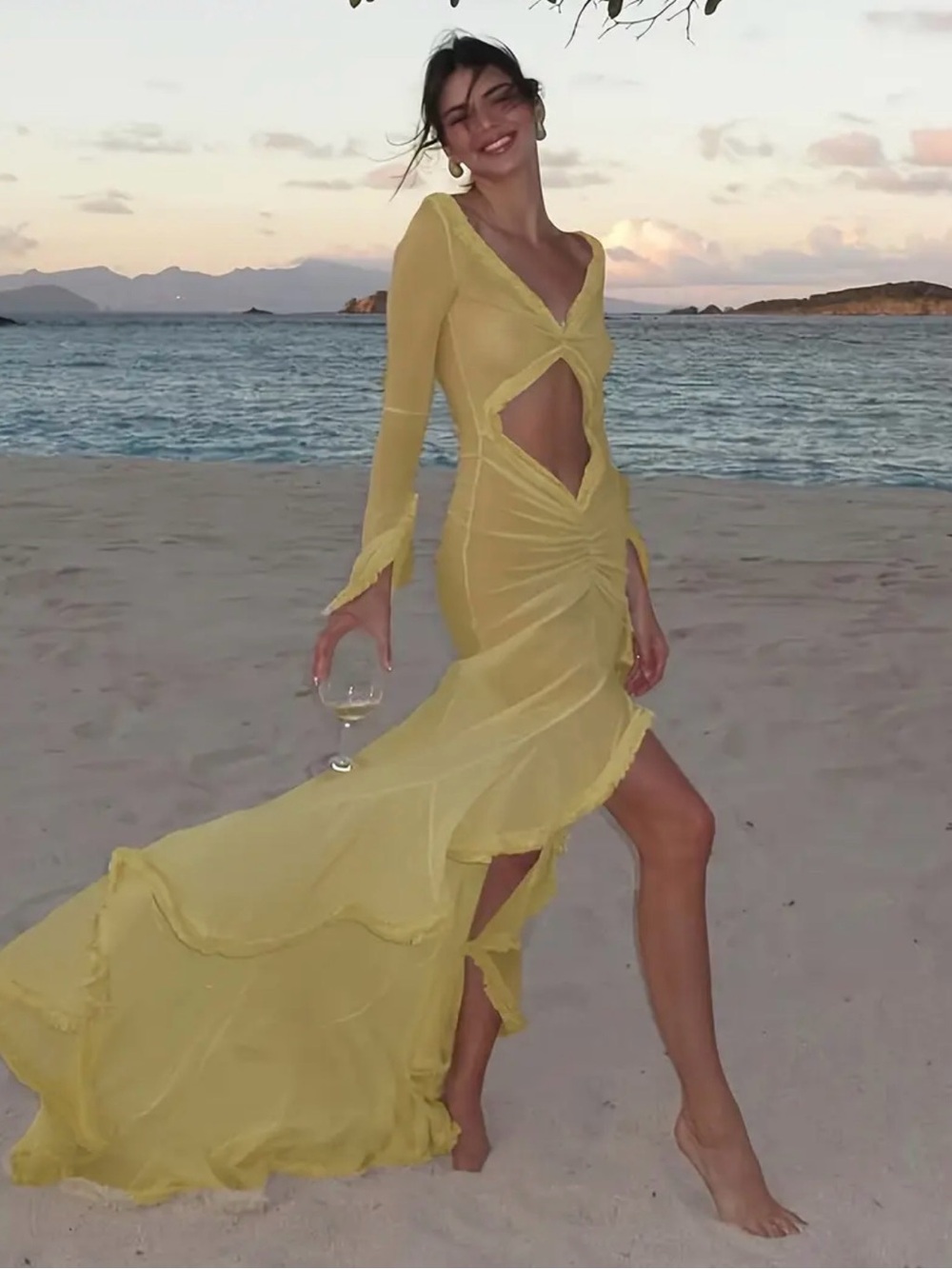 Yellow Cutout Maxi Dress with Ruching